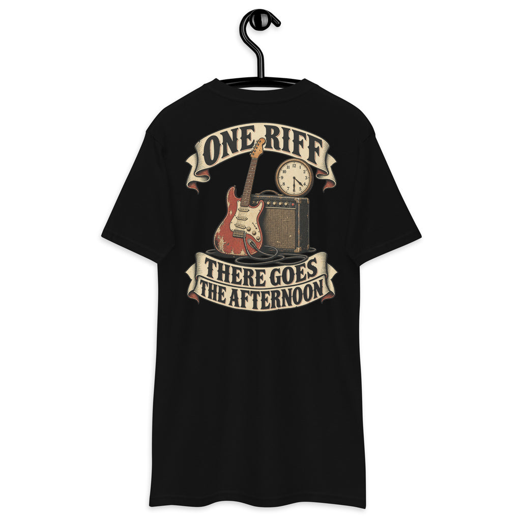 One Riff There Goes The Afternoon Heavyweight Tee — Black, back view on hanger (Printful)