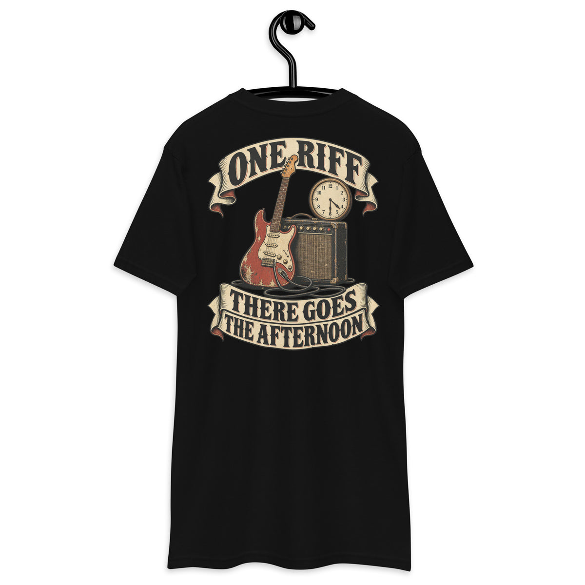 One Riff There Goes The Afternoon Heavyweight Tee — Black, back view on hanger (Printful)