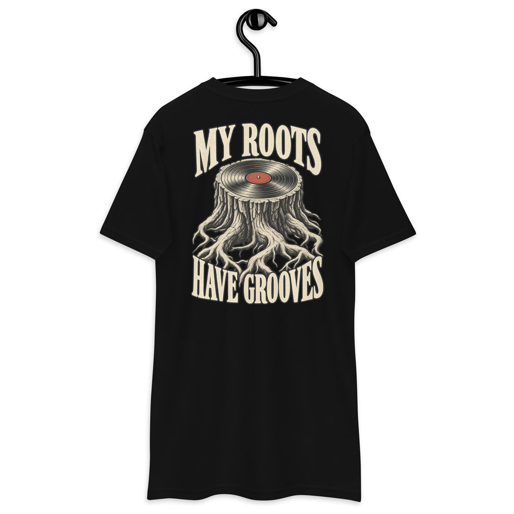 My Roots Have Grooves Heavyweight Tee — Black, back view on hanger (Printful)