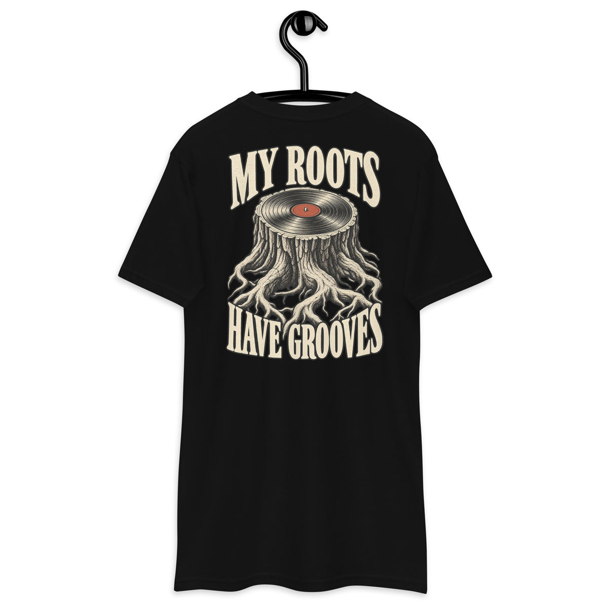 My Roots Have Grooves Heavyweight Tee — Black, back view on hanger (Printful)