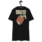 Worn Sleeve Unworn Love Heavyweight Tee — Black, back view on hanger (Printful)
