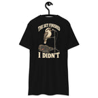 The Set Finished I Didnâ€™t Heavyweight Tee — Black, back view on hanger (Printful)
