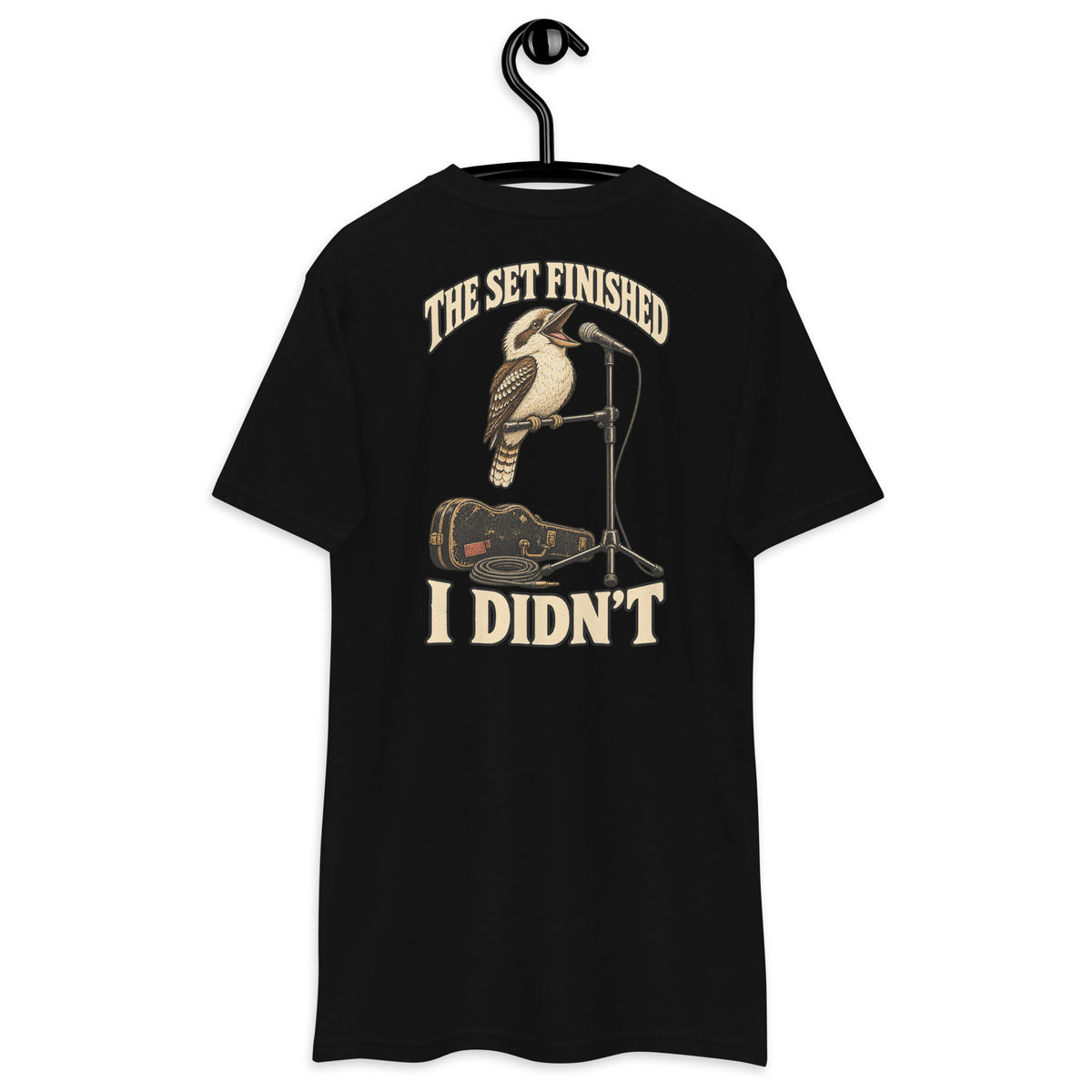 The Set Finished I Didnâ€™t Heavyweight Tee — Black, back view on hanger (Printful)