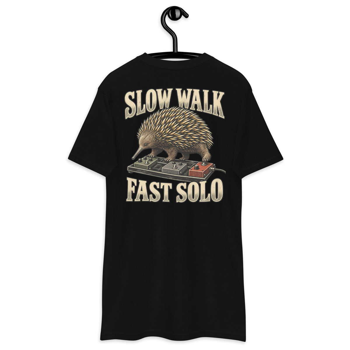 Slow Walk Fast Solo Heavyweight Tee — Black, back view on hanger (Printful)