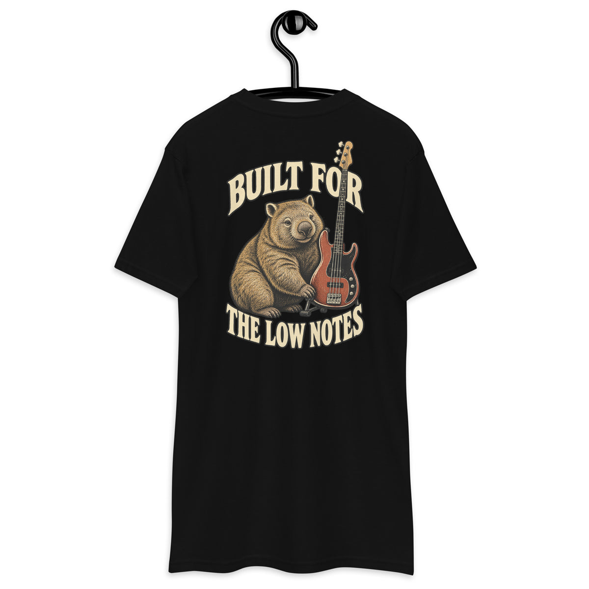 Built For The Low Notes Heavyweight Tee — Black, back view on hanger (Printful)
