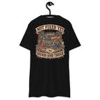 Not Fixed Yet Sounds Good Though Heavyweight Tee — Black, back view on hanger (Printful)