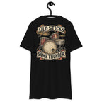 Old Sticks Same Thunder Heavyweight Tee — Black, back view on hanger (Printful)
