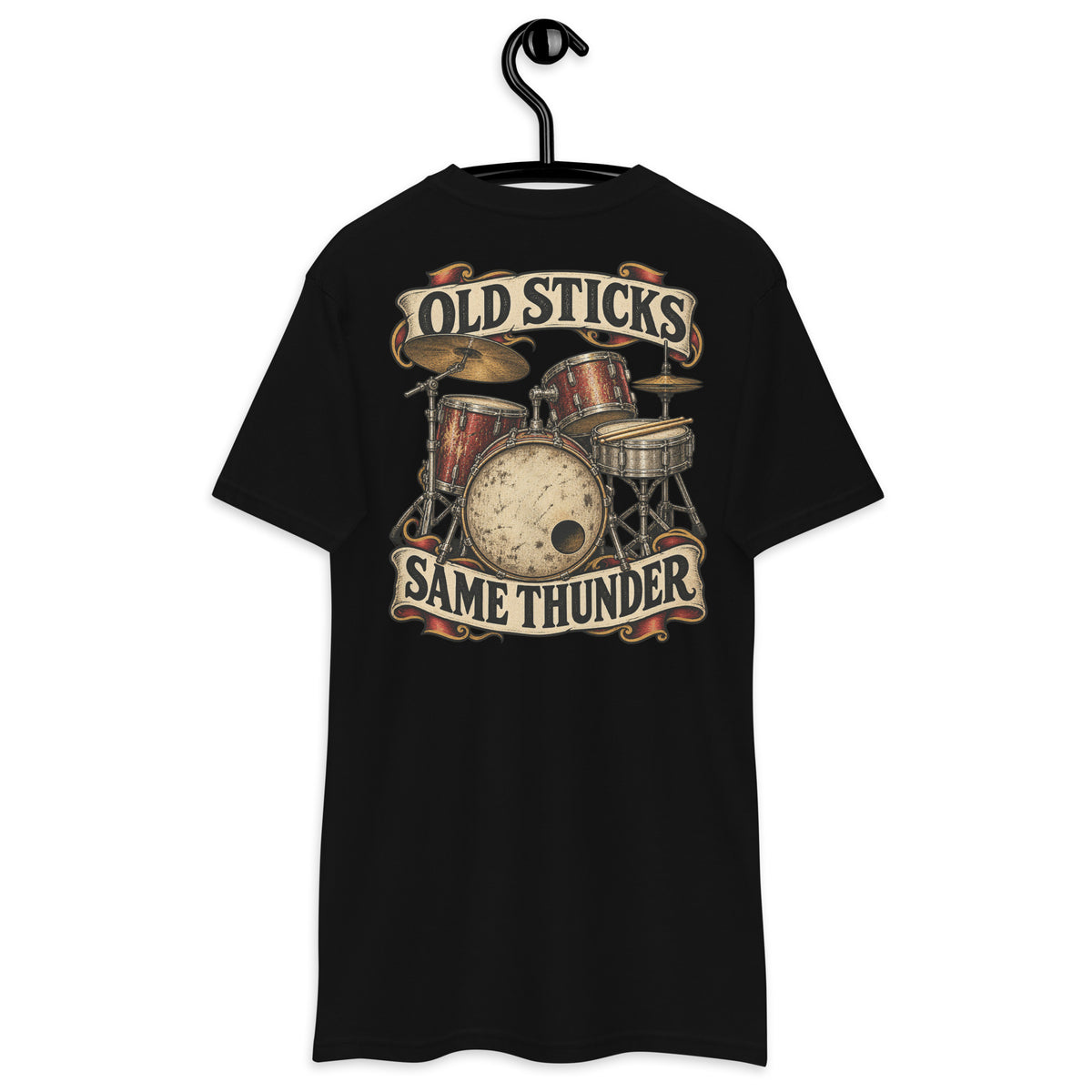 Old Sticks Same Thunder Heavyweight Tee — Black, back view on hanger (Printful)