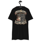 Less Talk More Low End Heavyweight Tee — Black, back view on hanger (Printful)