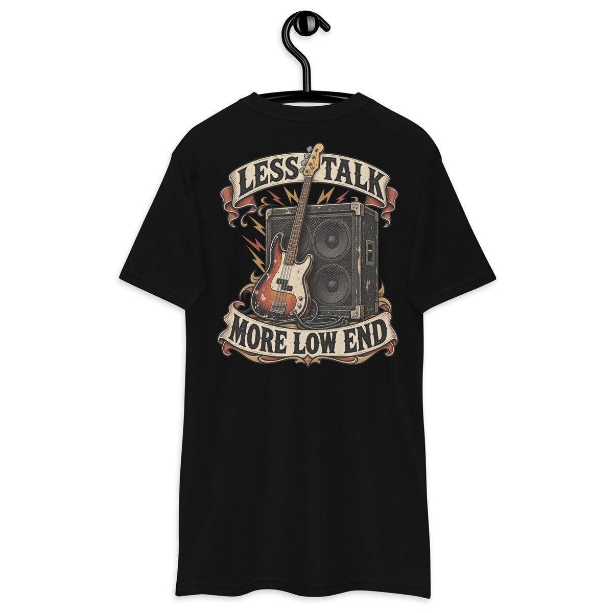 Less Talk More Low End Heavyweight Tee — Black, back view on hanger (Printful)