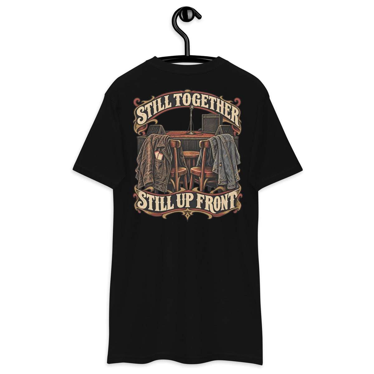 Still Together Still Up Front Heavyweight Tee — Black, back view on hanger (Printful)