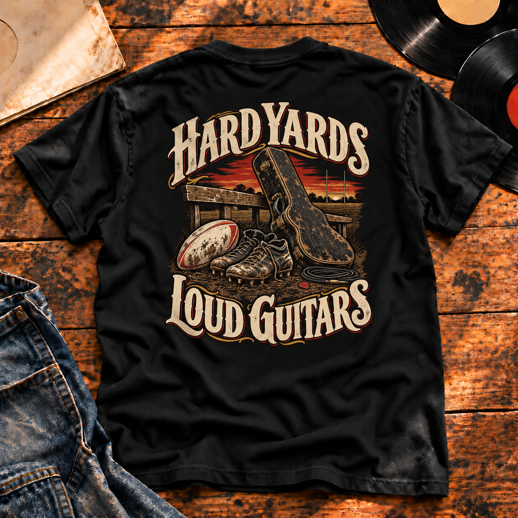 Hard Yards Loud Guitars Heavyweight Tee — black back-print hero