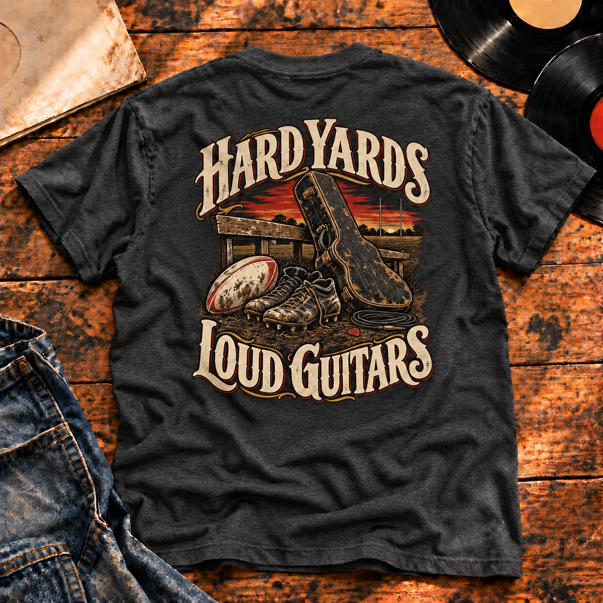 Hard Yards Loud Guitars Heavyweight Tee — charcoal back-print hero