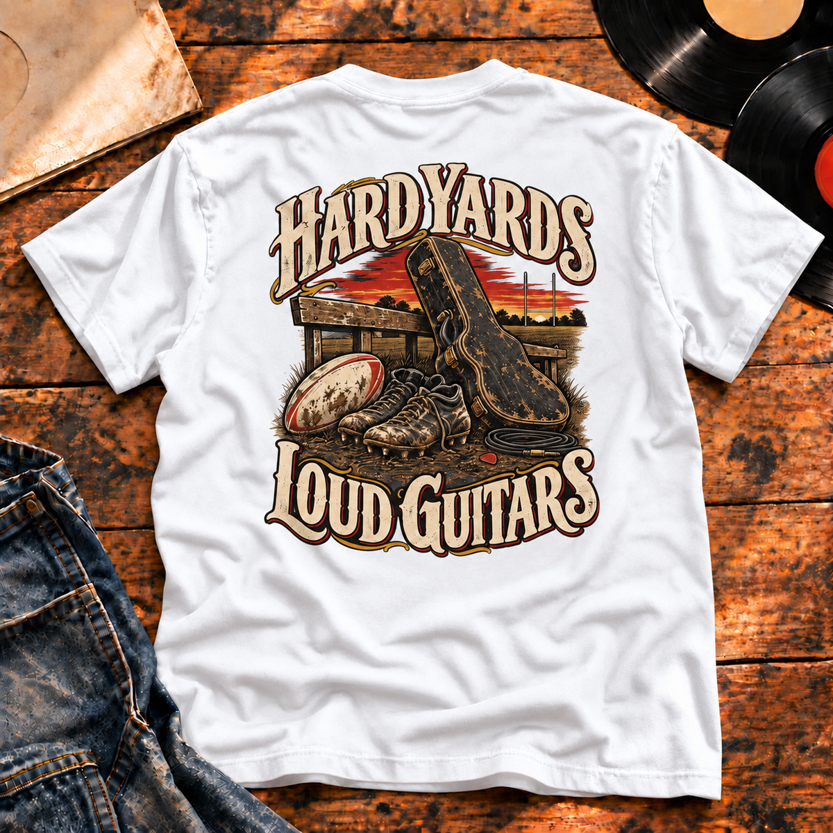 Hard Yards Loud Guitars Heavyweight Tee — white back-print hero