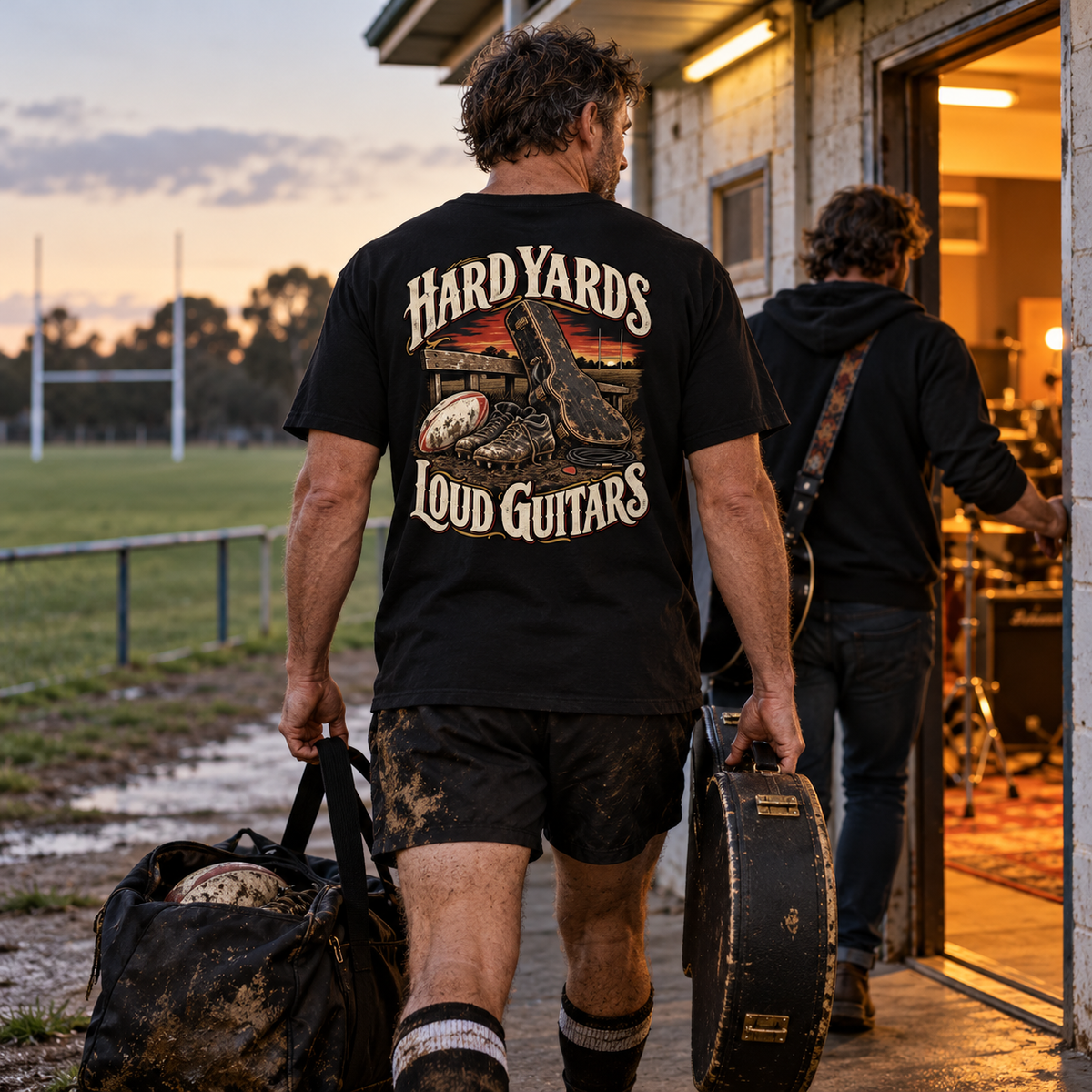 Hard Yards Loud Guitars Heavyweight Tee — Black lifestyle photograph