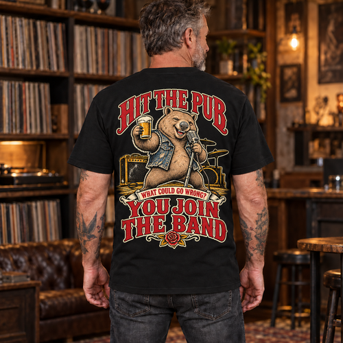 Hit the Pub wombat heavyweight tee — back print lifestyle