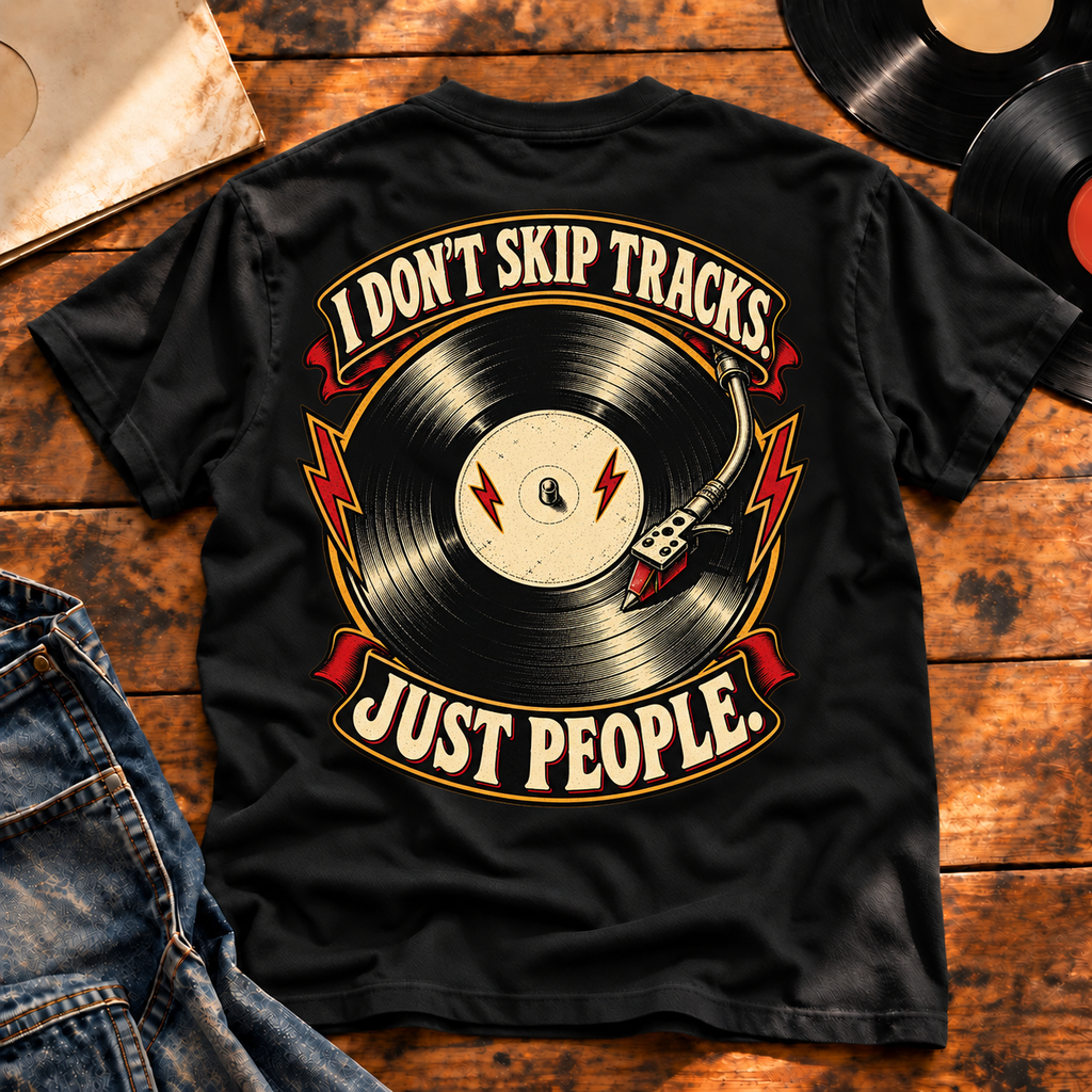 I Don’t Skip Tracks Black heavyweight tee — back print flat-lay hero