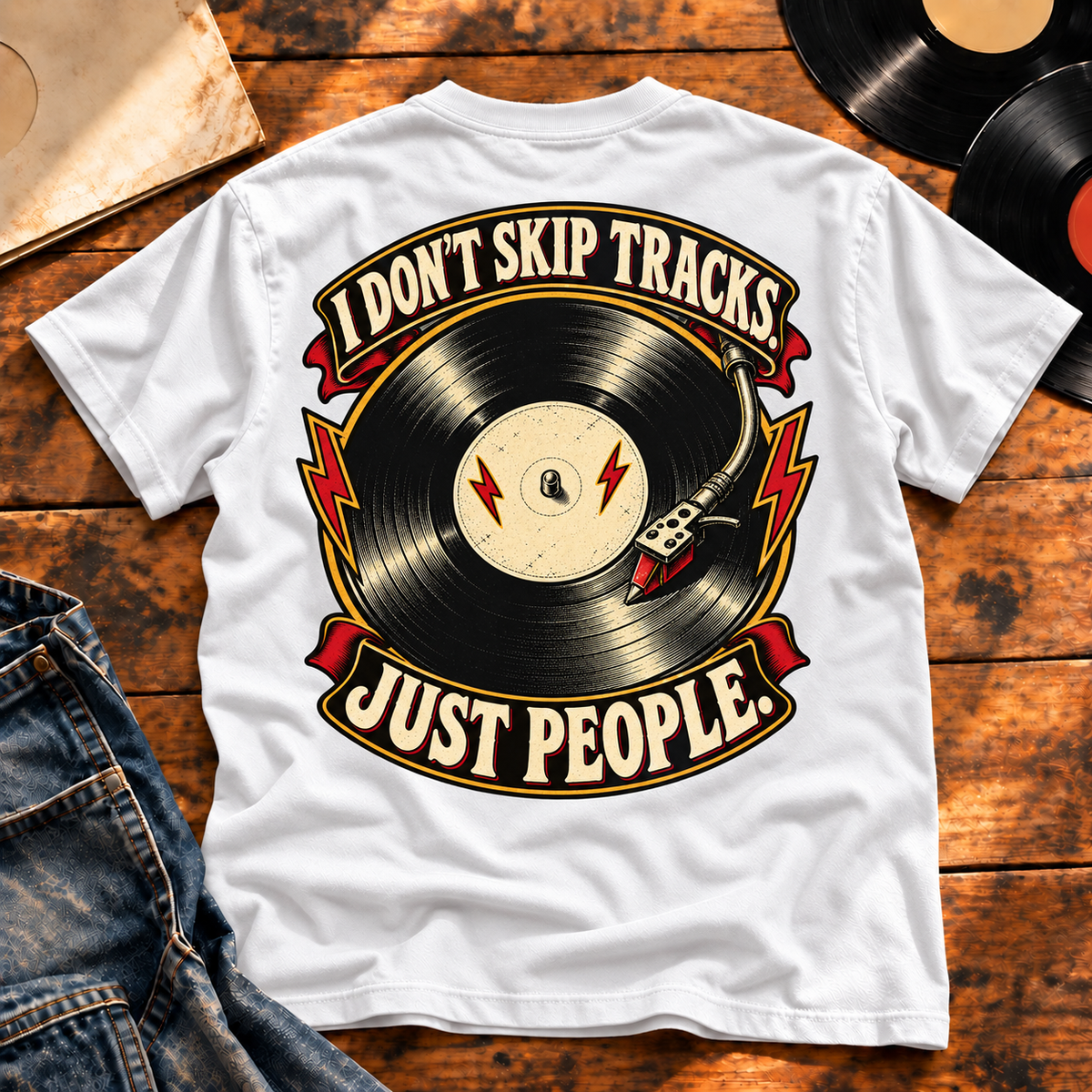 I Don’t Skip Tracks White heavyweight tee — back print flat-lay hero