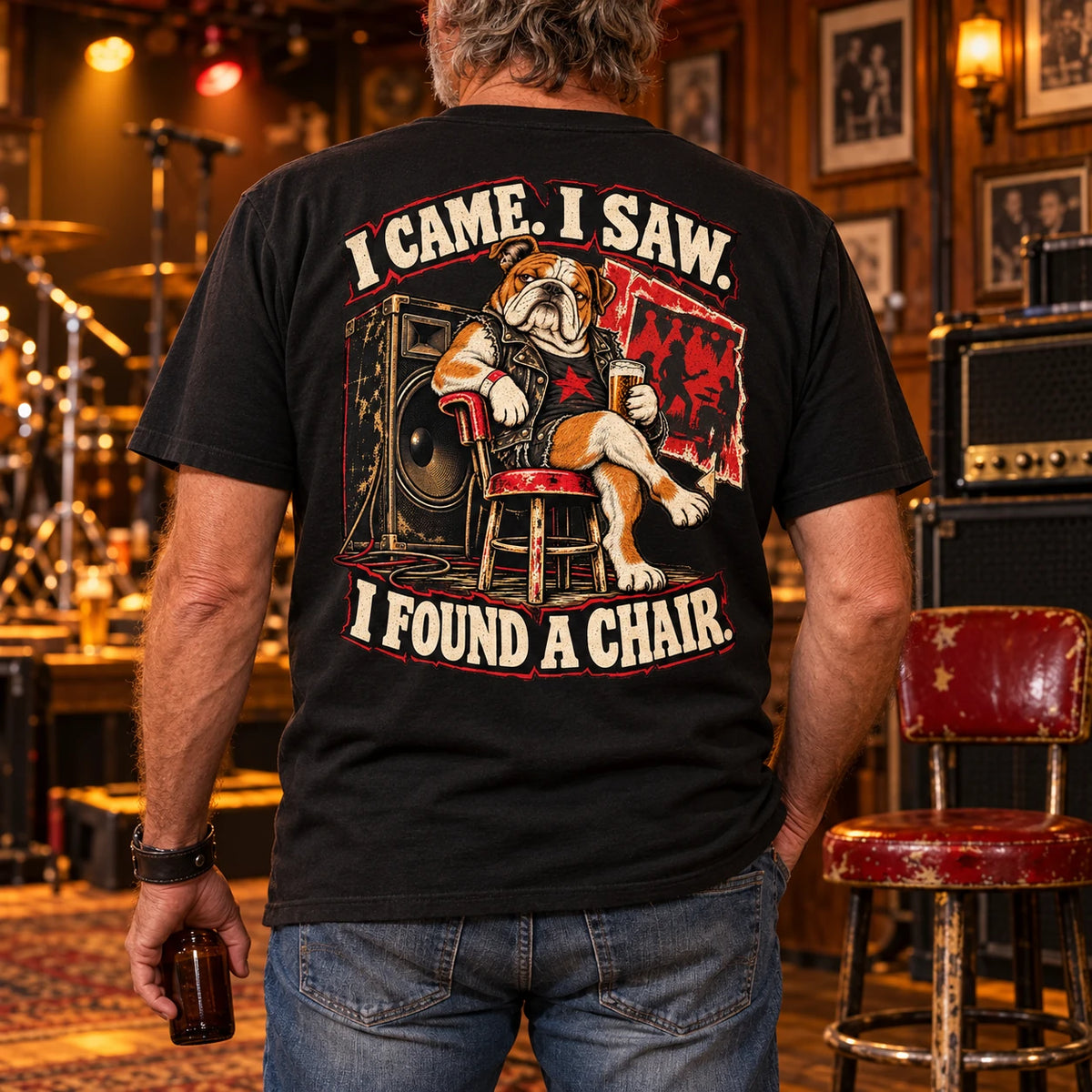 I Found a Chair black heavyweight tee, back print on a male model