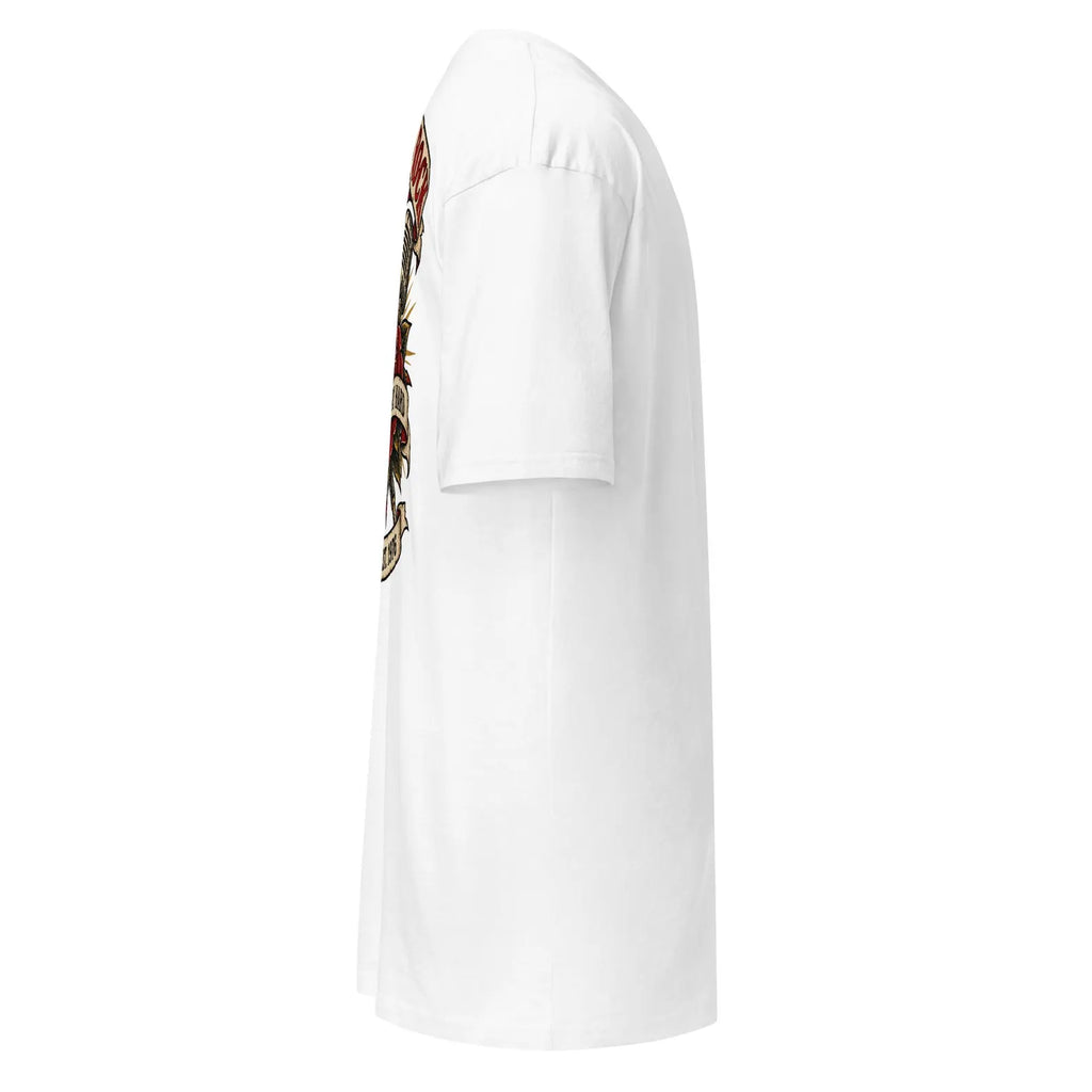 Opposite side view of the white Australian Pub Rock back-print T-shirt
