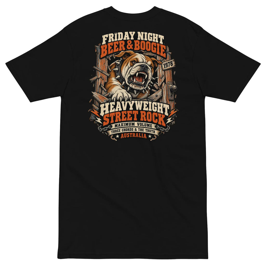 Black Beer and Boogie T-shirt back with bulldog and vintage Australian pub rock poster graphic