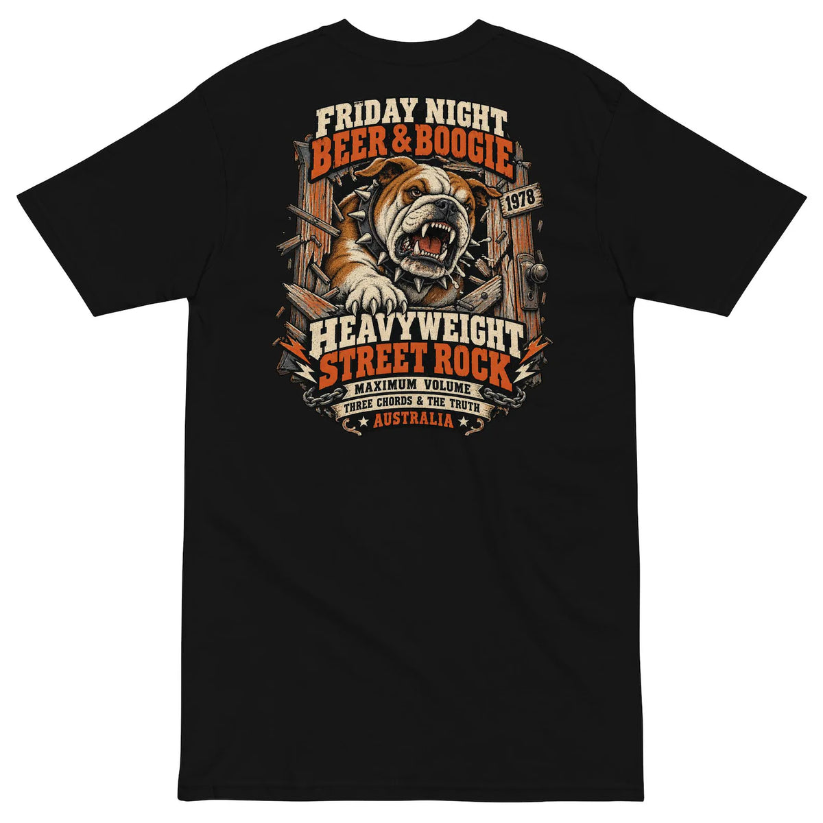 Black Beer and Boogie T-shirt back with bulldog and vintage Australian pub rock poster graphic