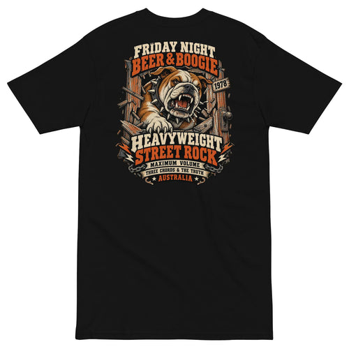 Black Beer and Boogie T-shirt back with bulldog and vintage Australian pub rock poster graphic