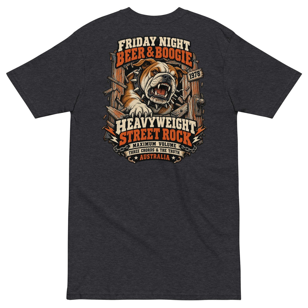 Charcoal Heather Beer and Boogie T-shirt back with bulldog graphic