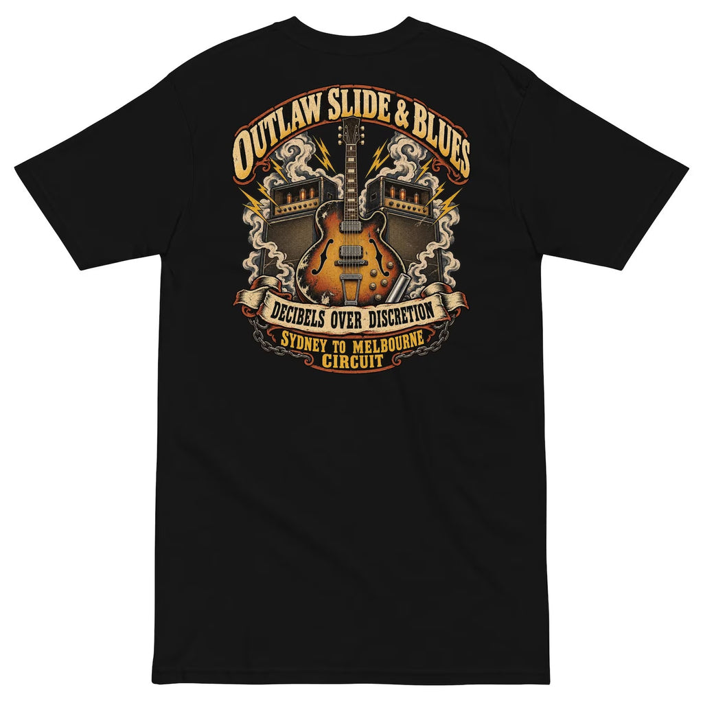 Black Outlaw Slide and Blues T-shirt back with vintage guitar and amplifier artwork