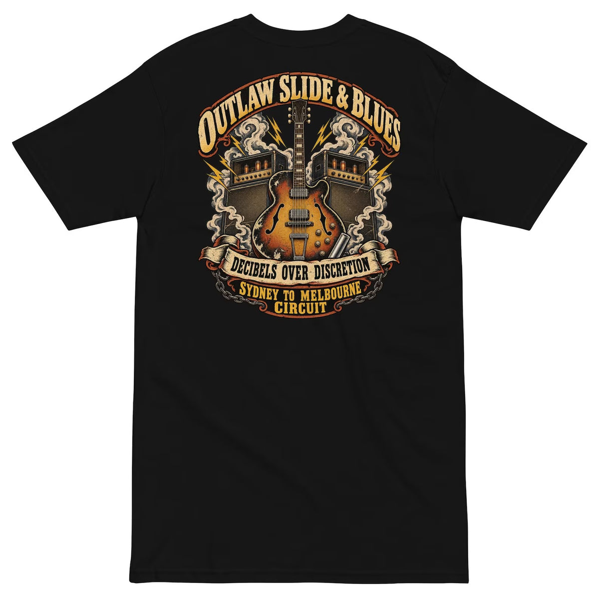 Black Outlaw Slide and Blues T-shirt back with vintage guitar and amplifier artwork