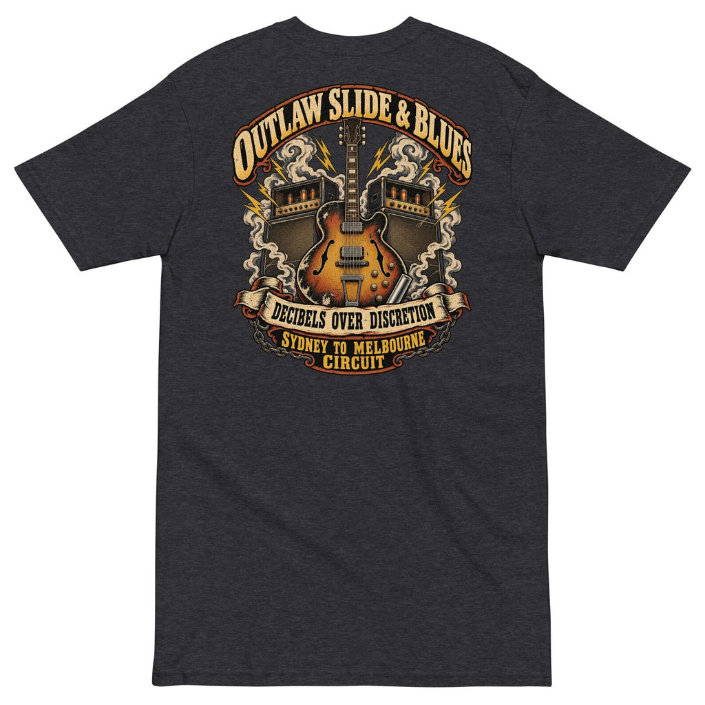 Charcoal Heather Outlaw Slide and Blues T-shirt back with guitar and amplifier graphic