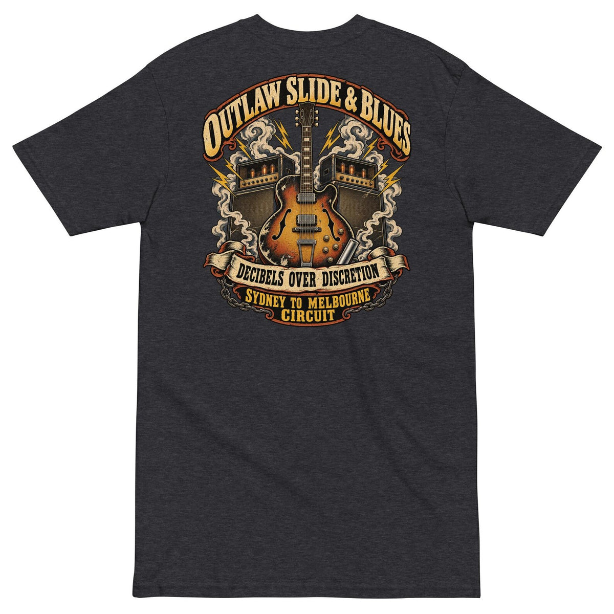 Charcoal Heather Outlaw Slide and Blues T-shirt back with guitar and amplifier graphic