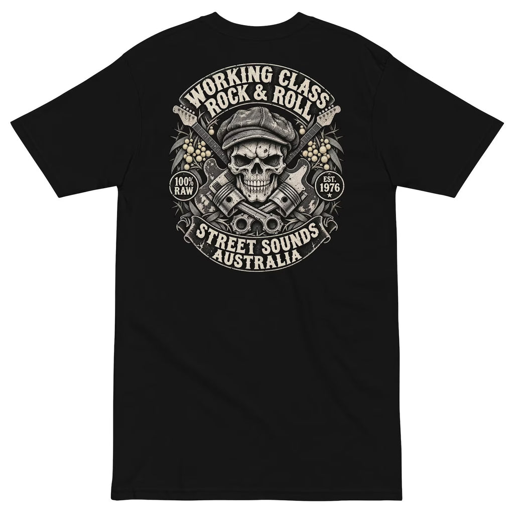 Black Working Class Rock and Roll T-shirt back with skull, guitars and pistons crest