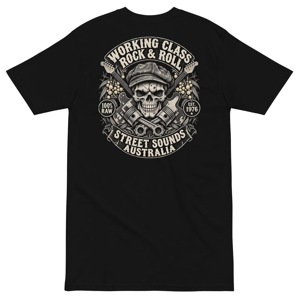 Black Working Class Rock and Roll T-shirt back with skull, guitars and pistons crest