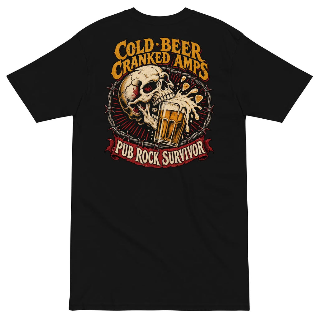 Black Pub Rock Survivor T-shirt back with Cold Beer Cranked Amps skull and beer graphic