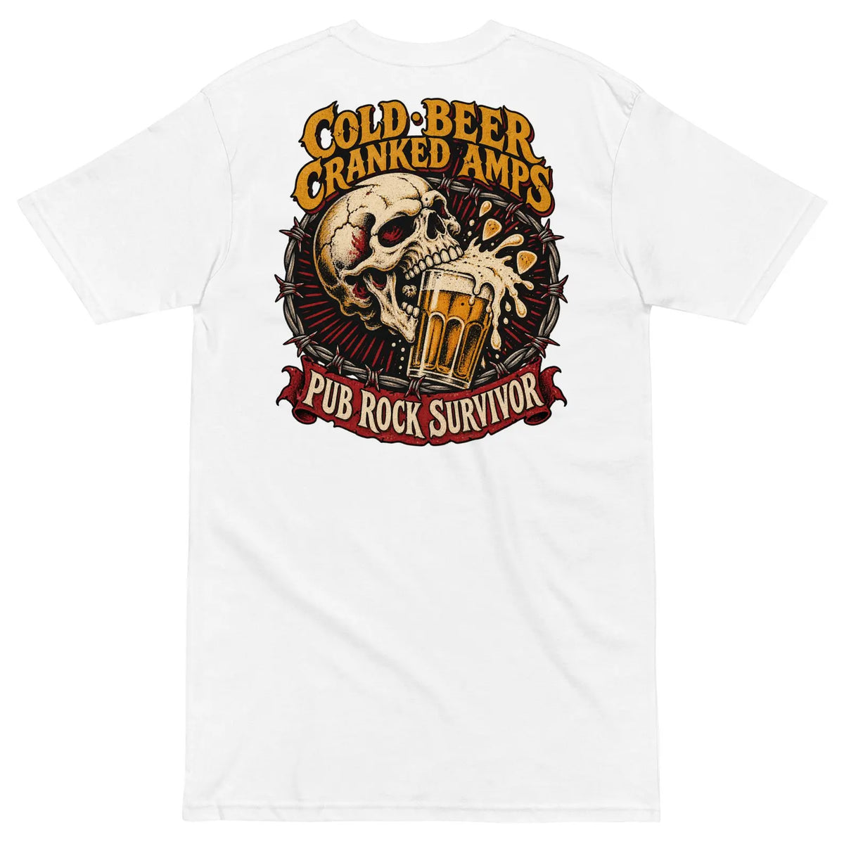 White Pub Rock Survivor T-shirt back with Cold Beer Cranked Amps skull graphic