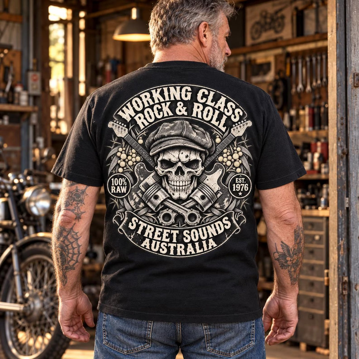 Man wearing the black Working Class Rock and Roll T-shirt in a motorcycle workshop, showing the skull crest back print