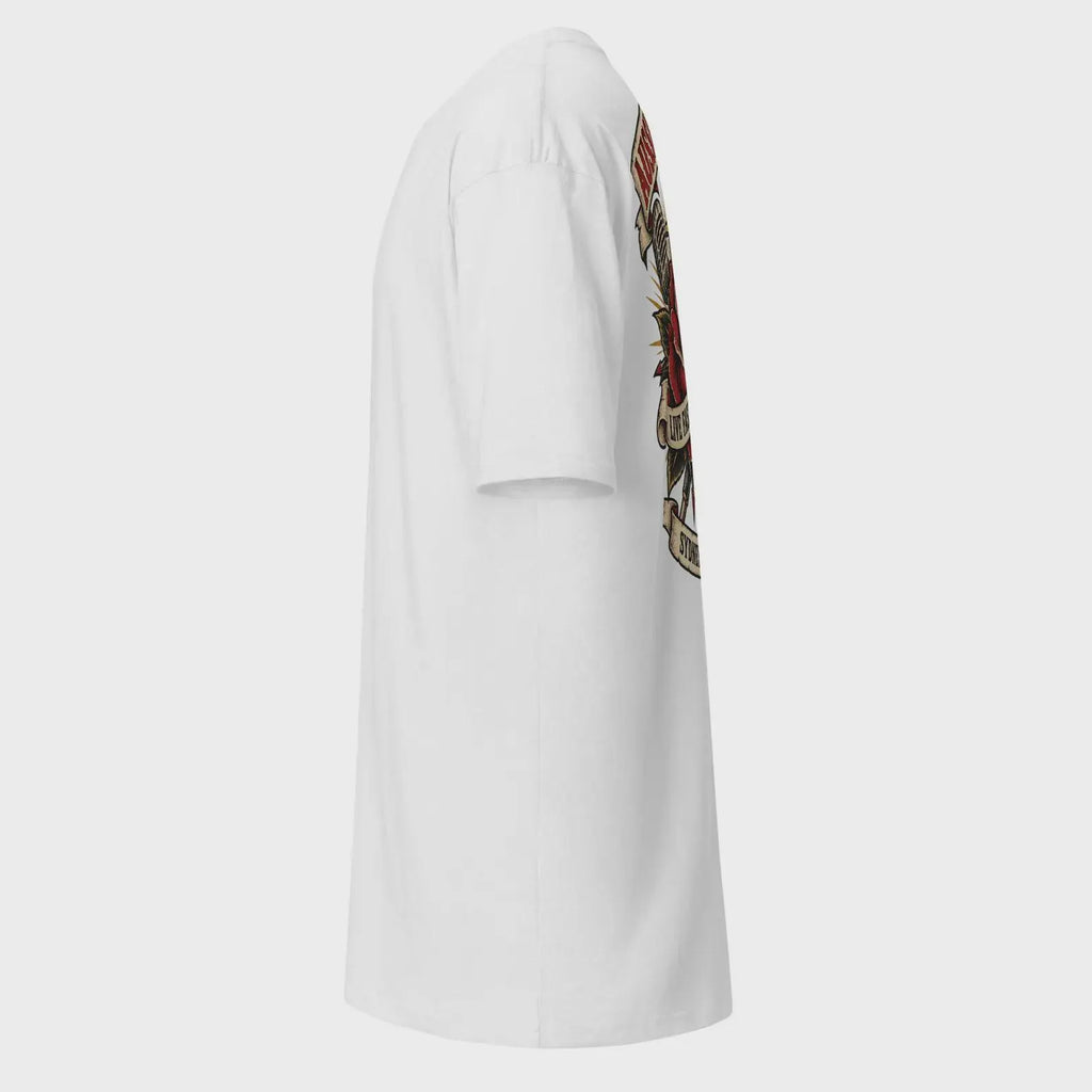 Side view of the white Pub Rock Survivor back-print T-shirt