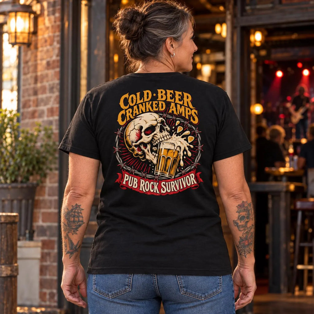 Woman wearing the black Pub Rock Survivor T-shirt outside a pub with the back print visible