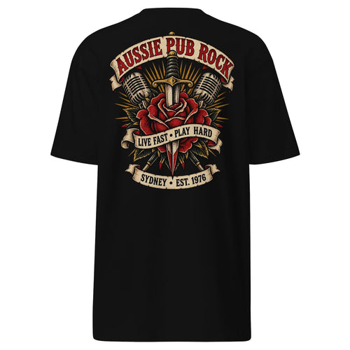 Black Australian Pub Rock T-shirt back with rose, dagger and crossed microphone graphic