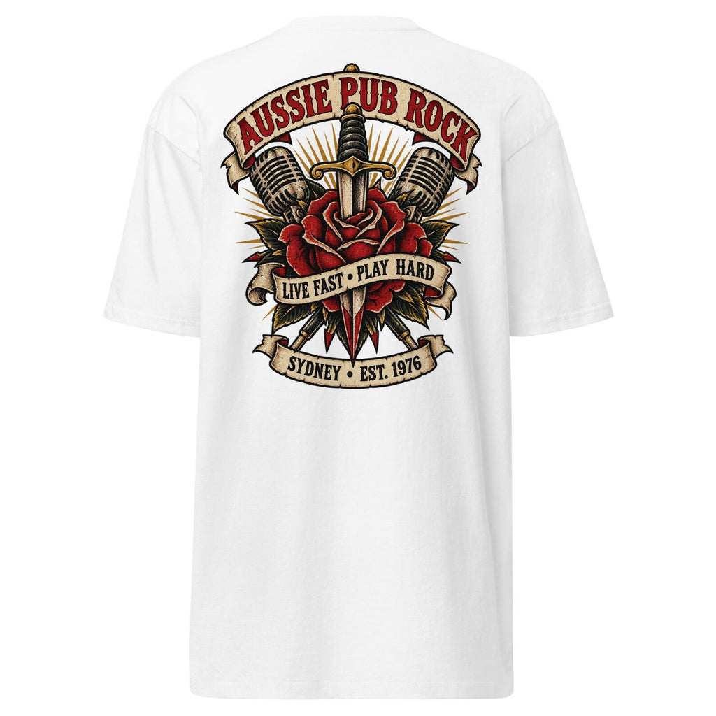 White Australian Pub Rock T-shirt back with rose and dagger tattoo graphic