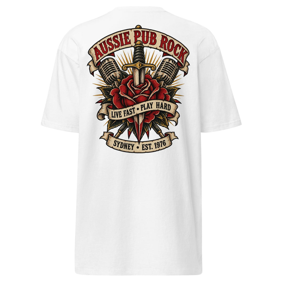 White Australian Pub Rock T-shirt back with rose and dagger tattoo graphic
