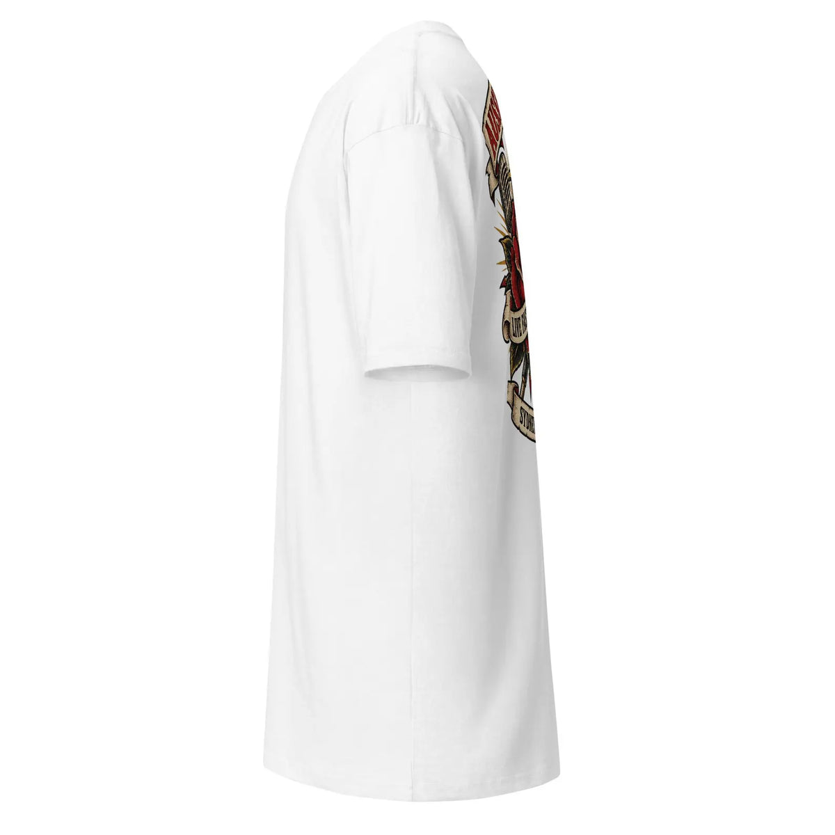 Side view of the white Australian Pub Rock T-shirt and rose and dagger back print