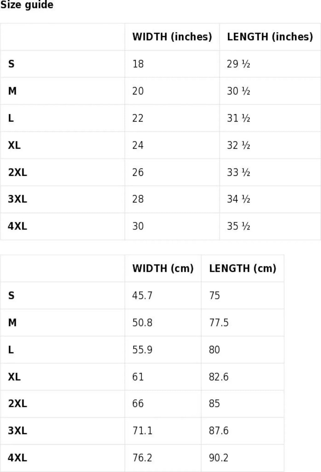 Australian Pub Rock T-shirt size guide from S to 4XL, with width and length in inches and centimetres