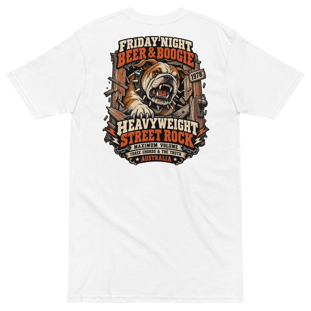 White Beer and Boogie T-shirt back with vintage bulldog pub rock artwork