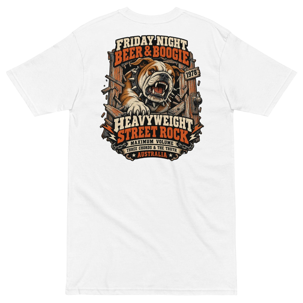 White Beer and Boogie T-shirt back with vintage bulldog pub rock artwork