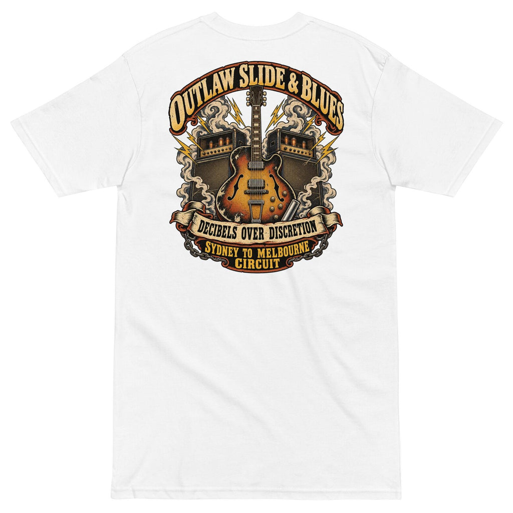 White Outlaw Slide and Blues T-shirt back with vintage guitar and amplifier artwork