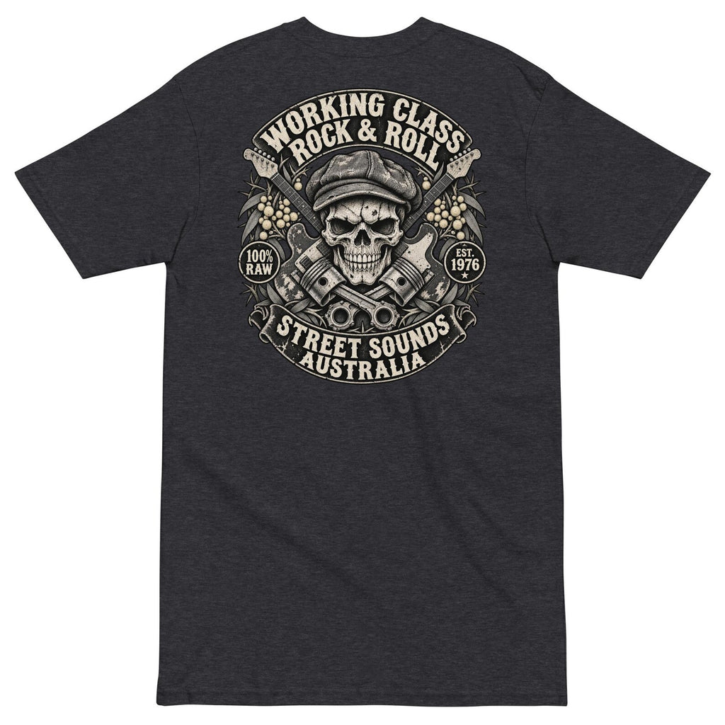 Charcoal Heather Working Class Rock and Roll T-shirt back with skull and guitar crest
