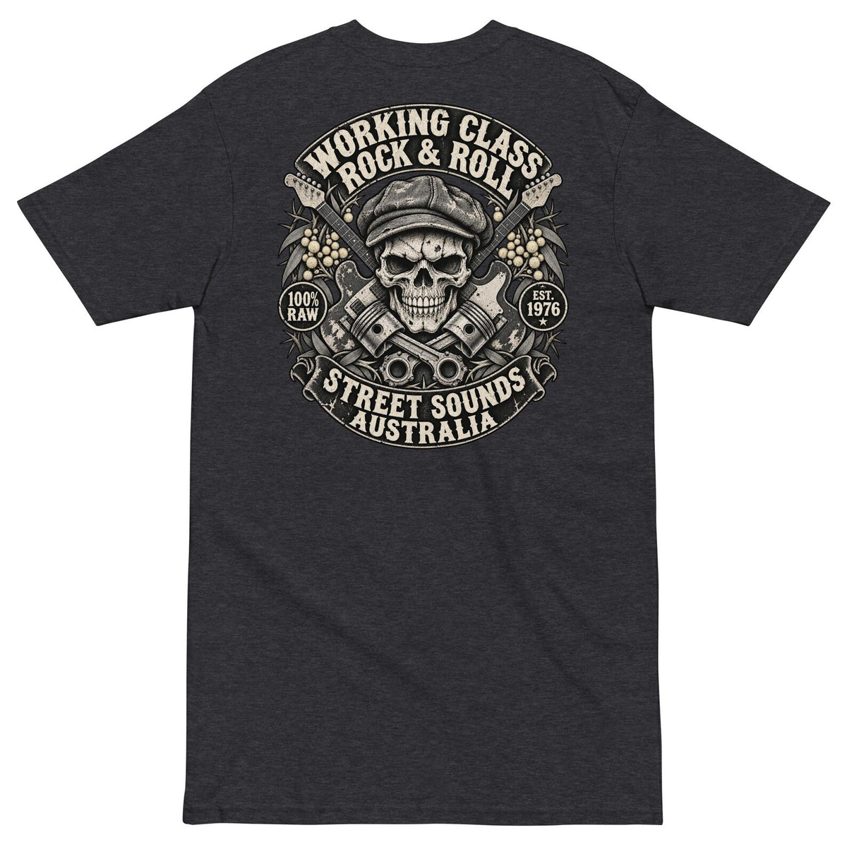 Charcoal Heather Working Class Rock and Roll T-shirt back with skull and guitar crest