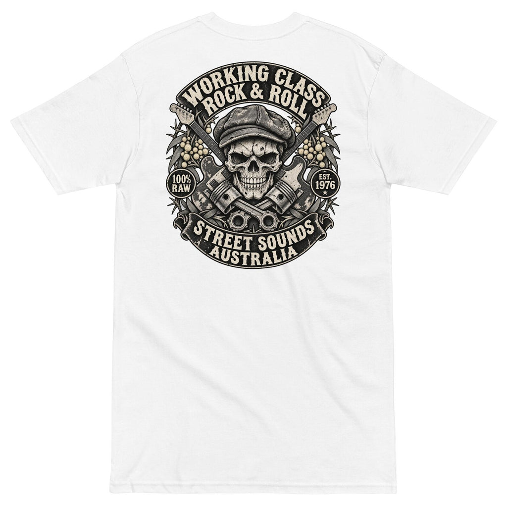 White Working Class Rock and Roll T-shirt back with skull, guitars and pistons artwork